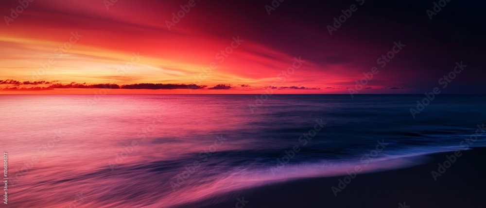 Obraz premium wave in foreground, red-blue sky in background