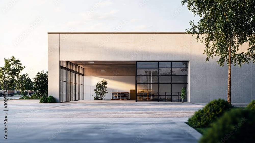 exterior of a modern warehouse with a small office unit exterior of a modern warehouse with a small office unit