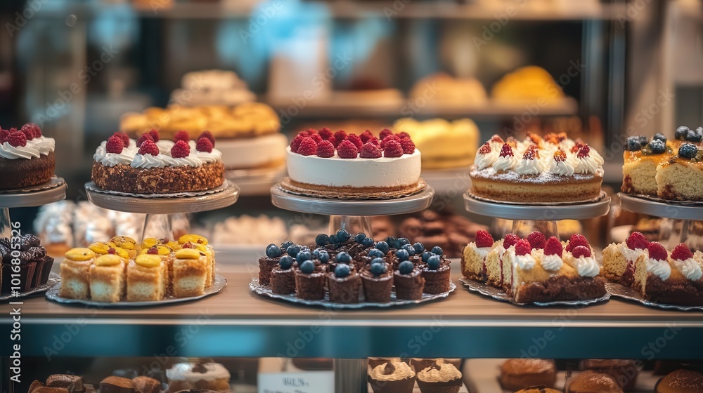 delicious small cakes artistically displayed behind a patisserie counter, showcasing variety, color, and the allure of sweet pastries in a charming bakery setting delicious small cakes artistically displayed behind a patisserie counter, showcasing variety, color, and the allure of sweet pastries in a charming bakery setting