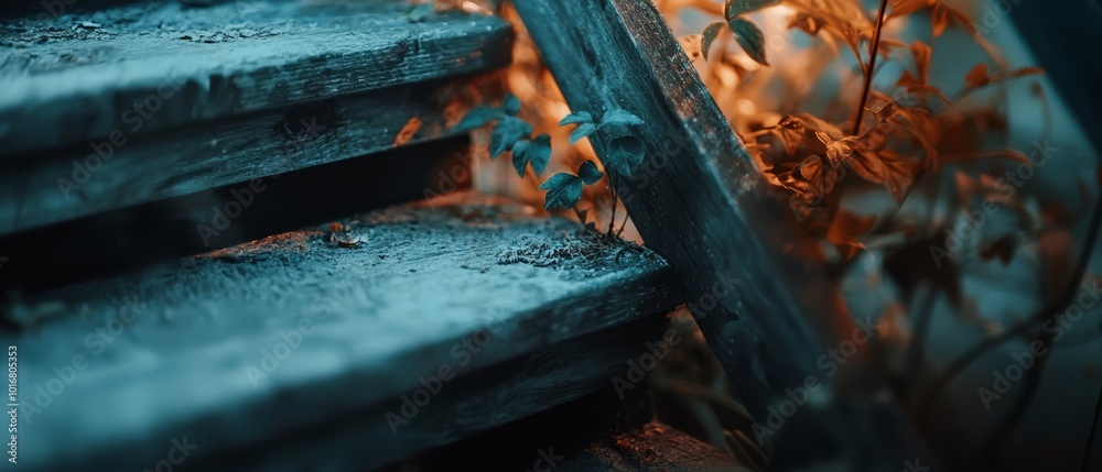A tight shot of stairs, with a plant blooming from the upper step A tight shot of stairs, with a plant blooming from the upper step