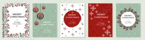 Merry Christmas cards and invitations. Set of beautiful winter Christmas cards with fir branches, rowan berries and snowflakes. Illustration design for cover, poster, wallpaper.