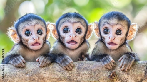 This adorable baby capuchin monkey was caught snuggled up on the branch of a tree in a lush jungle, capturing its playful expressions and eagerness to explore photo