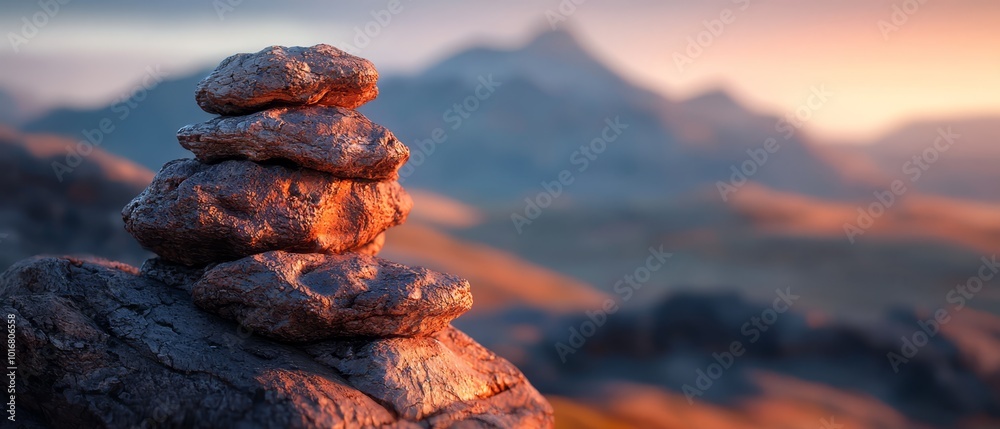 A stack of rocks in the foreground, framed by a distant mountain range A stack of rocks in the foreground, framed by a distant mountain range
