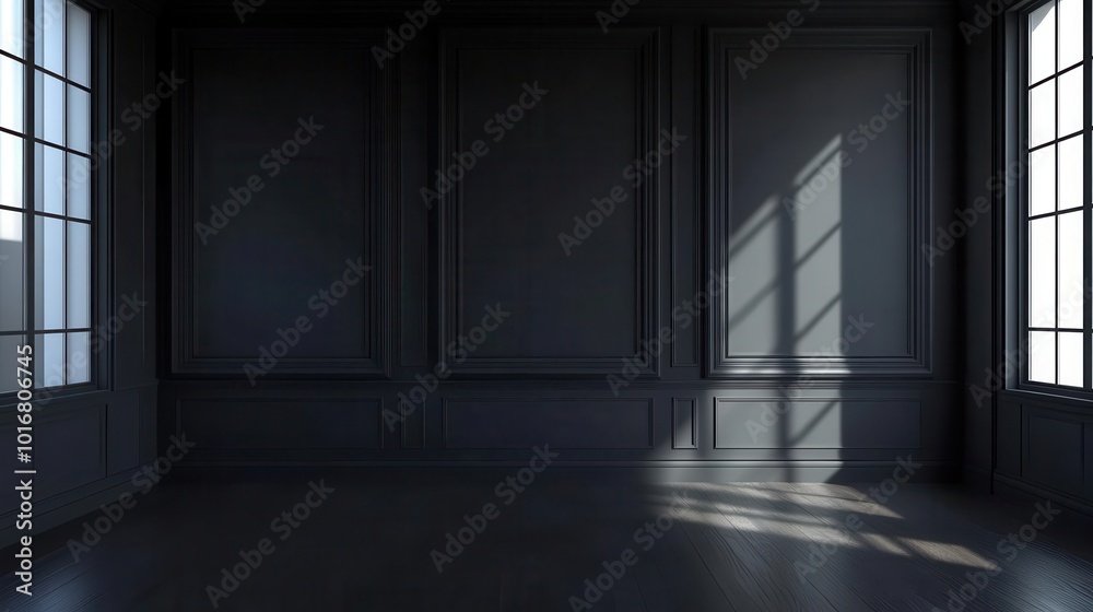 Obraz premium elegant dark room illuminated by a single light source, creating deep shadows and an air of mystery. a blank wall invites imagination, while the rich tones suggest sophistication