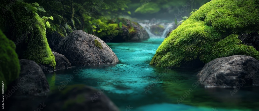 A stream runs through a lush, green forest, bordering mossy trees and rocks A stream runs through a lush, green forest, bordering mossy trees and rocks