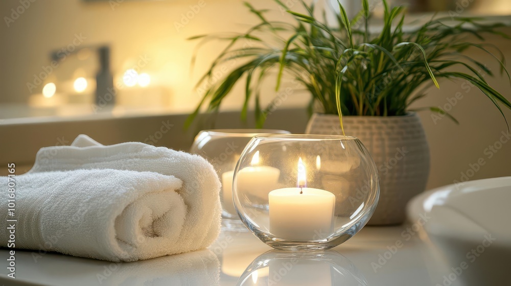 elegant white table setting in a softly lit bathroom, adorned with glass candle holders casting flickering flames, a cotton towel, and a potted plant, evoking a spa-like ambiance