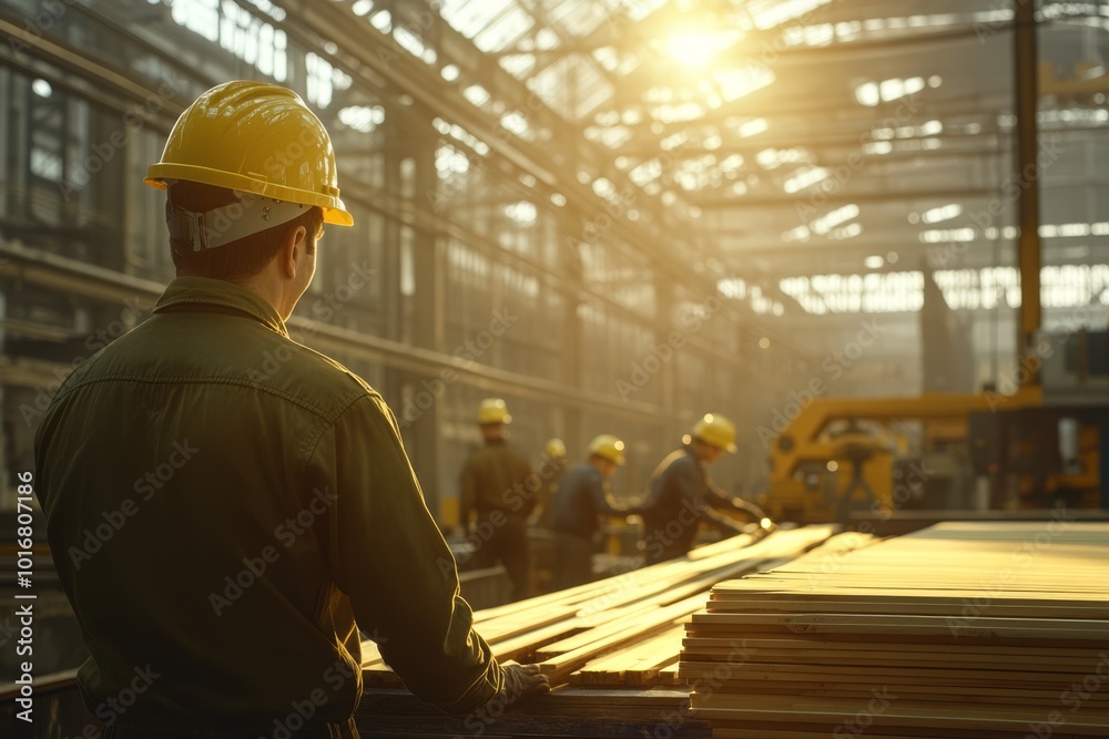 In a production facility made primarily of wood, workers adorned in hard hats engage in collaborative efforts, highlighting the importance of safety and teamwork in every aspect of construction work In a production facility made primarily of wood, workers adorned in hard hats engage in collaborative efforts, highlighting the importance of safety and teamwork in every aspect of construction work