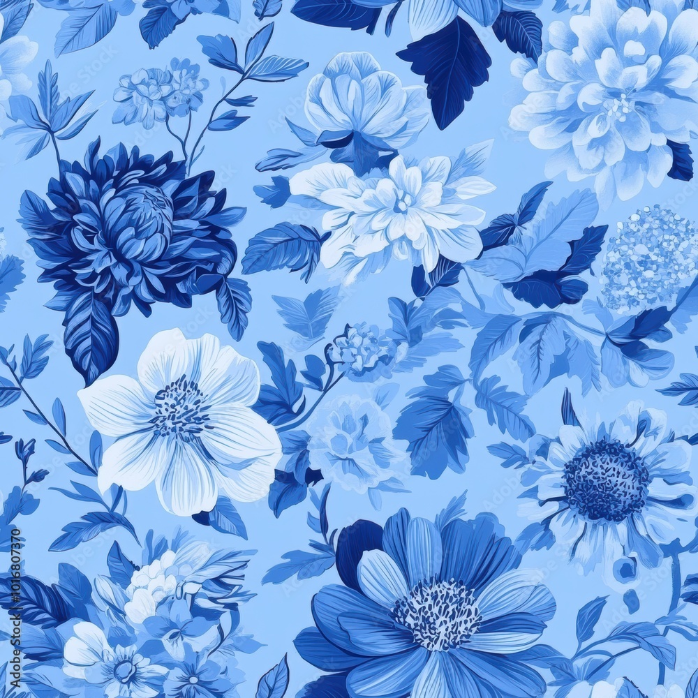 Seamless floral pattern with a variety of flowers in shades of blue, perfect for fabric design, wallpaper, or background use. Tiled Seamless floral pattern with a variety of flowers in shades of blue, perfect for fabric design, wallpaper, or background use. Tiled