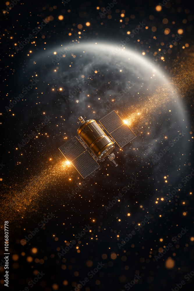 A satellite is flying through space with a bright orange trail behind it