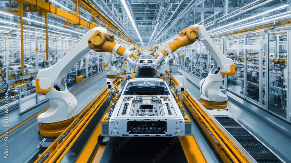 Advanced factory with robotic hands car vehicle assembly process production background wallpaper AI generated image Advanced factory with robotic hands car vehicle assembly process production background wallpaper AI generated image