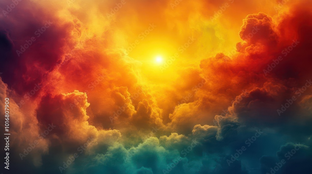 ethereal scene where heaven meets hell, with vibrant colors blending into a surreal cloudscape. a golden sun peeks through dark storm clouds, casting a mystical light ethereal scene where heaven meets hell, with vibrant colors blending into a surreal cloudscape. a golden sun peeks through dark storm clouds, casting a mystical light