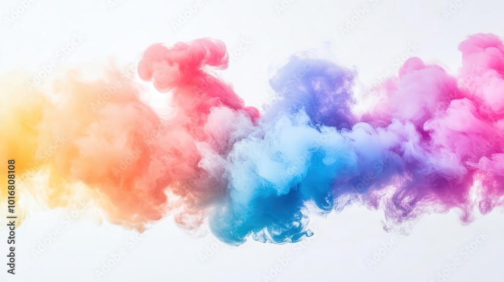 Fototapeta premium explosive multi-colored smoke clouds billow against a plain white background, creating a dramatic visual impact, representing creativity and festivity with a playful touch