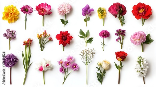 exquisite collection of various blooming flowers isolated on a pristine white background, showcasing nature's beauty and elegance