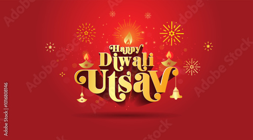 Modern Indian diwali festival. Lights background with happy diwali utsav typography.