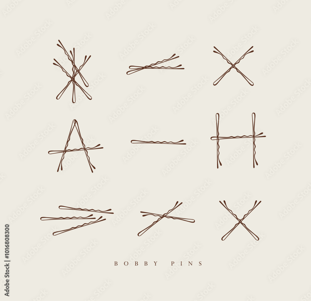 Bobby hair pins collection of wave shaped hairpins in various positions drawing on beige background