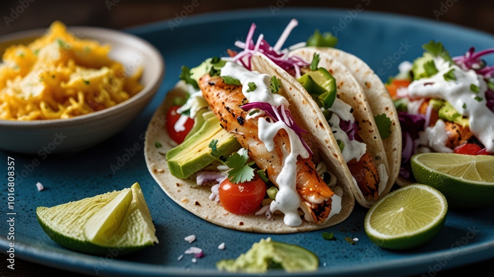 Two grilled fish tacos with avocado, tomato, red onion, cilantro, and sour cream on a blue plate with lime wedges and a side of rice. Two grilled fish tacos with avocado, tomato, red onion, cilantro, and sour cream on a blue plate with lime wedges and a side of rice.