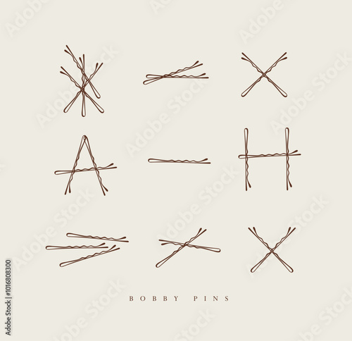Obraz na płótnie Bobby hair pins collection of wave shaped hairpins in various positions drawing on beige background w salonie