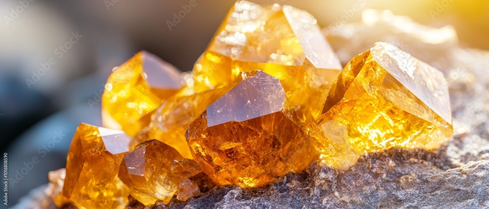 A sunlit rock bearing a cluster of yellow crystals, their peaks transmitting sunlight A sunlit rock bearing a cluster of yellow crystals, their peaks transmitting sunlight
