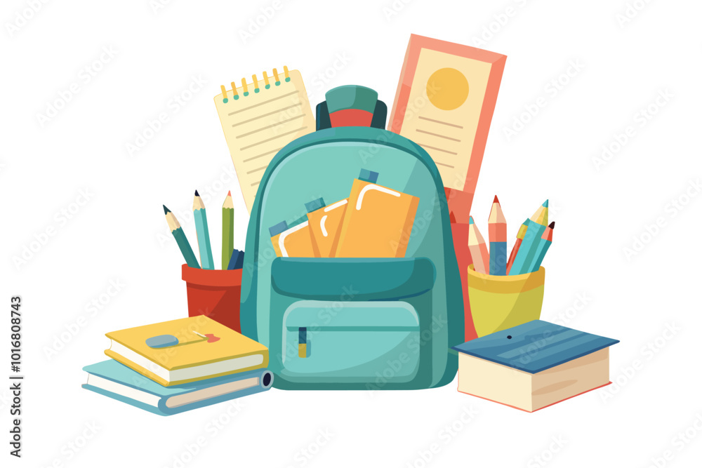 Colorful school supplies with backpack and books for creative learning