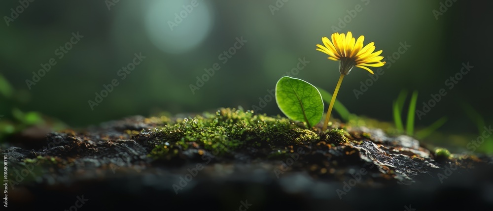 A tight shot of a yellow bloom on mossy ground Sunlight filters through trees in the backdrop A tight shot of a yellow bloom on mossy ground Sunlight filters through trees in the backdrop