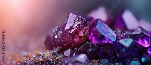  A table holds a stack of green and purple rocks, with a mound of purple crystals atop them photo