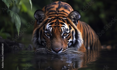 A majestic tiger drinking from a still pond, its reflection visible in the water, surrounded by lush greenery.