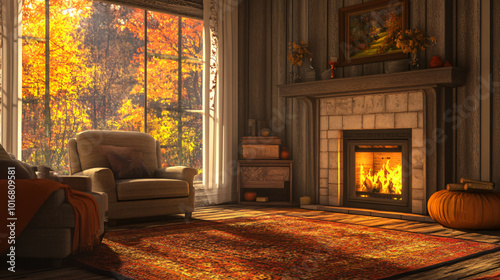 Cozy Fall Living Room with Fireplace: A warm and inviting living room decorated with autumn-colored pillows, throws, and a crackling fireplace. Pumpkins and fall foliage, interior, room, fireplace