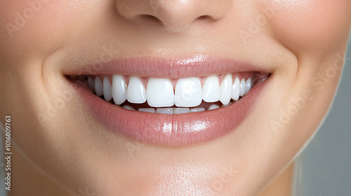 Close-up of a smiling woman highlighting her beautiful white teeth. photo