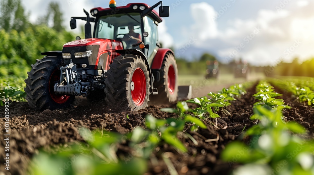 Obraz premium Tractor Working in a Green Field During Late Afternoon in a Rural Farming Area