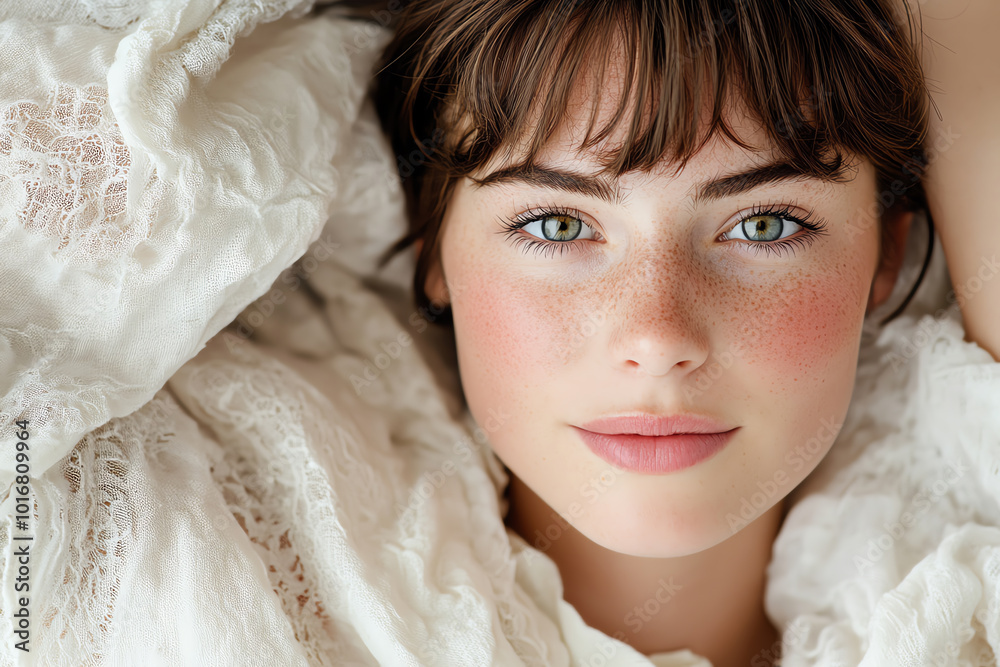 Close-up portrait of a serene young woman with natural beauty and soft light. Close-up portrait of a serene young woman with natural beauty and soft light.