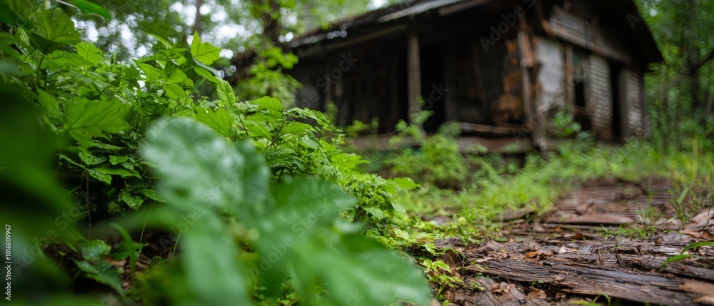 A run-down house situated in a forest, surrounded by numerous green plants growing along its sides A run-down house situated in a forest, surrounded by numerous green plants growing along its sides