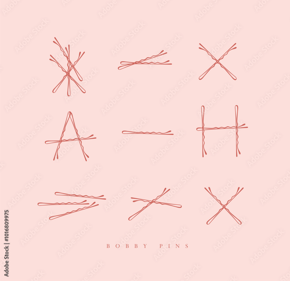 Bobby hair pins collection of wave shaped hairpins in various positions drawing on pink background