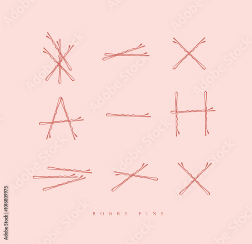 Bobby hair pins collection of wave shaped hairpins in various positions drawing on pink background