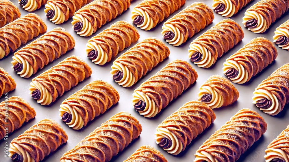 Golden, cream-filled pastries neatly arranged in rows, each topped with a swirl of vanilla and chocolate frosting, creating a visually delicious pattern of sweet, crispy delights. Golden, cream-filled pastries neatly arranged in rows, each topped with a swirl of vanilla and chocolate frosting, creating a visually delicious pattern of sweet, crispy delights.