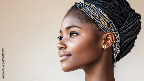 Profile of a woman with braided hair wearing an elegant headband.