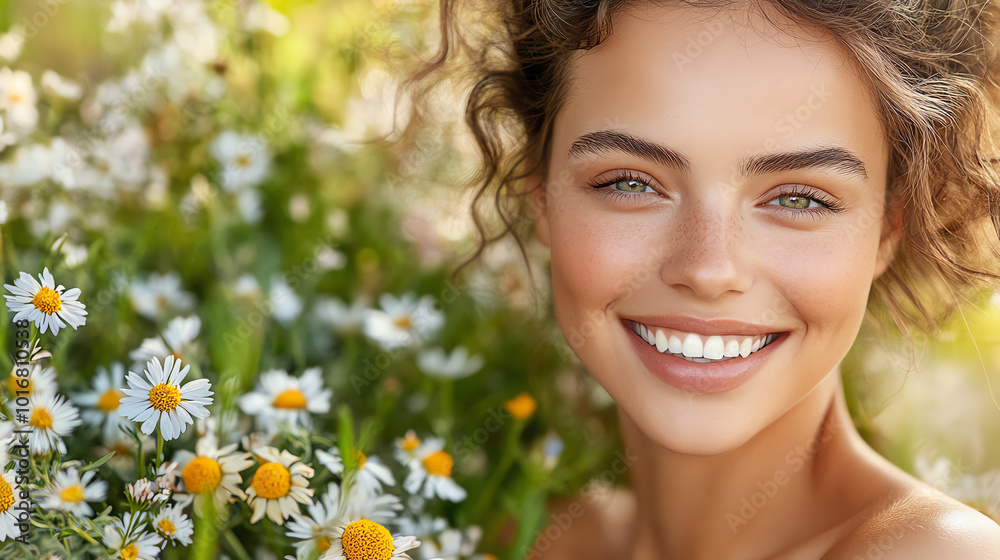 Smiling woman surrounded by blooming flowers in a sunny garden. Smiling woman surrounded by blooming flowers in a sunny garden.