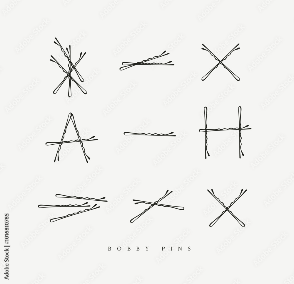Bobby hair pins collection of wave shaped hairpins in various positions drawing on light background