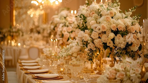 Lavish and Opulent Wedding Event Featuring Exquisite Floral Designs Ornate Gold Accents and a Timeless Sophisticated Aesthetic Evoking a Grandiose Ceremonial and Romantic Ambiance