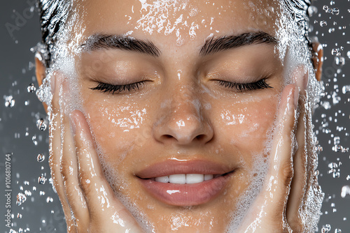 Woman washing face with cleanser, water droplets, serene expression.