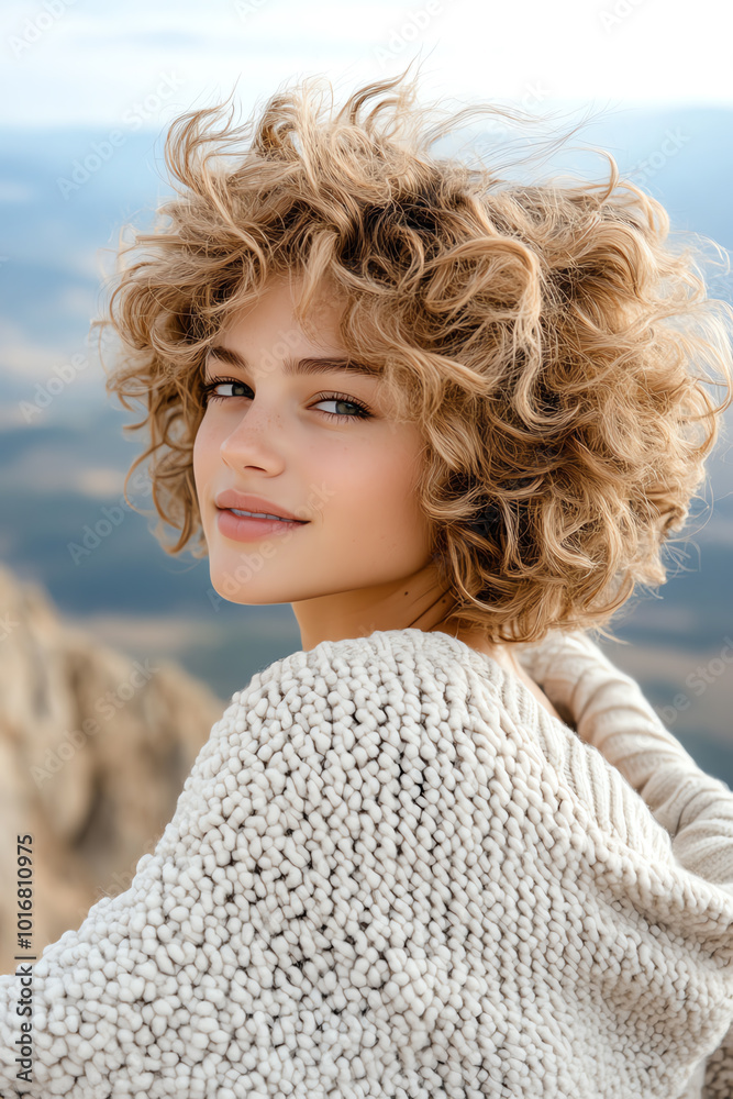 Young woman with curly hair smiling against a scenic mountain backdrop. Young woman with curly hair smiling against a scenic mountain backdrop.