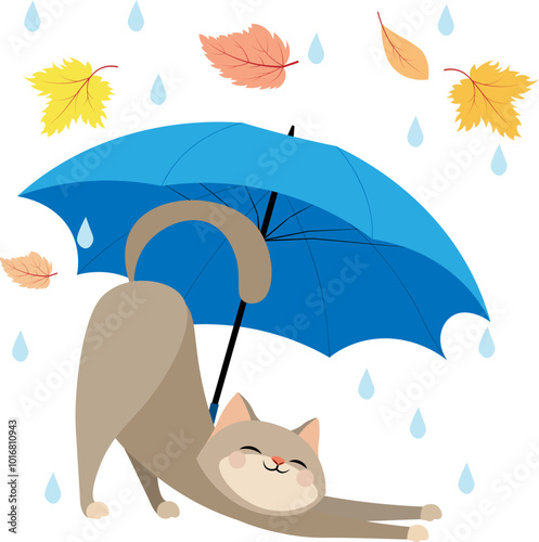 Autumn mood. It's raining and the cat is stretching under a blue umbrella. Autumn collection.