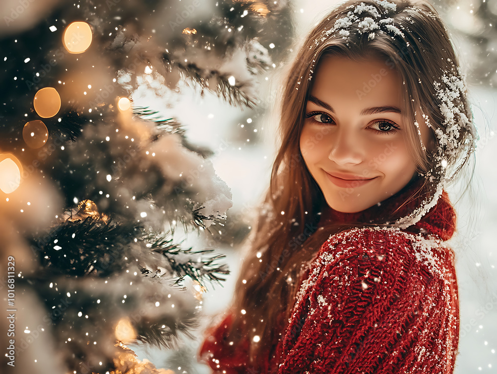 Portrait of a lady in red sweater on Christmas vibes background Portrait of a lady in red sweater on Christmas vibes background