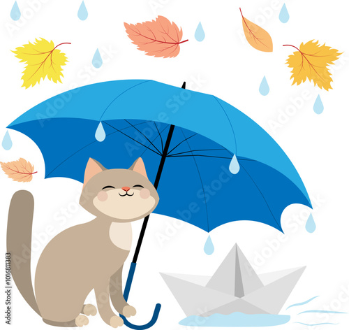 Autumn mood. Cute kitten with an umbrella in the rain surrounded by autumn leaves.  Autumn collection.