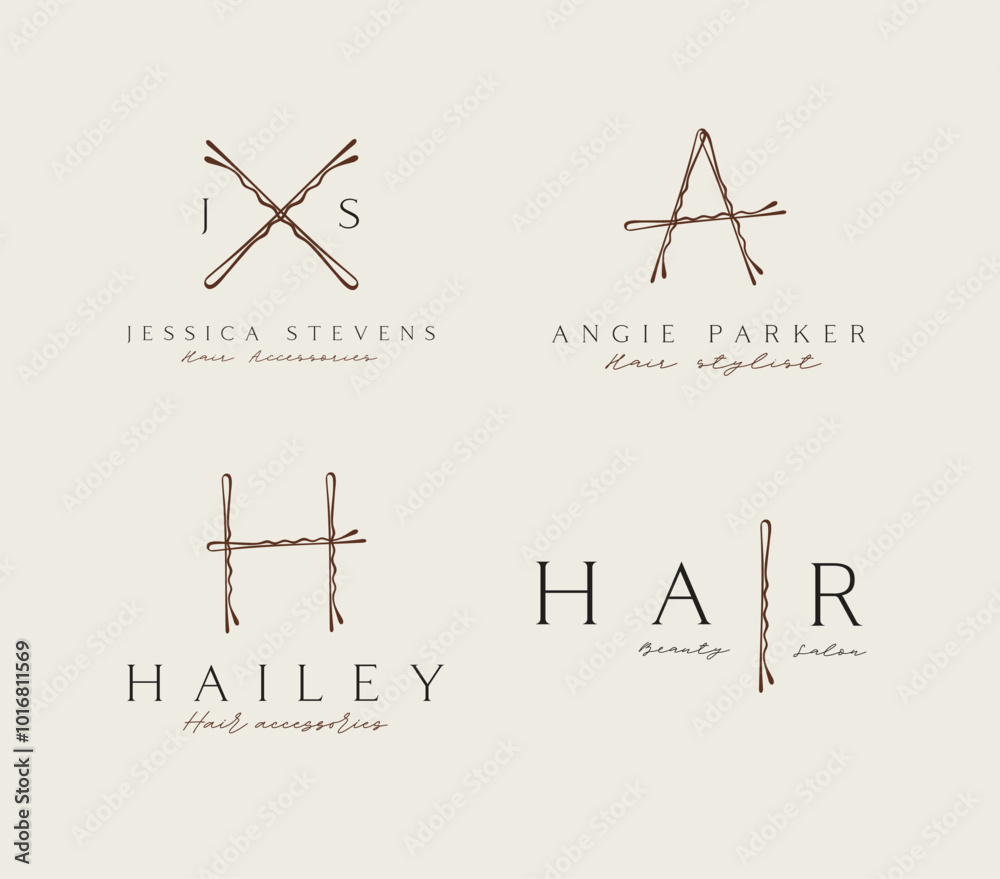 Bobby hair pins label with text collection of wave shaped hairpins in various positions drawing on beige background