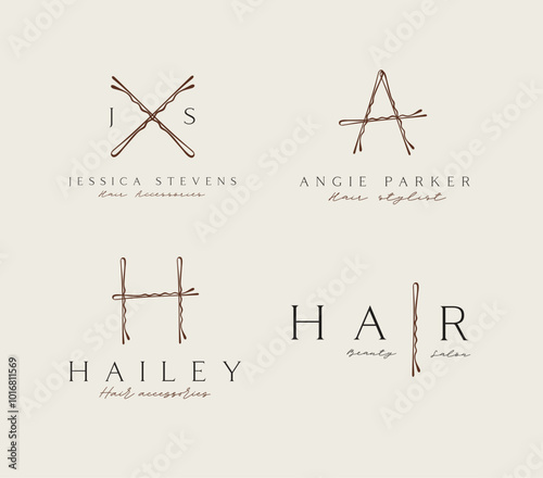 Bobby hair pins label with text collection of wave shaped hairpins in various positions drawing on beige background