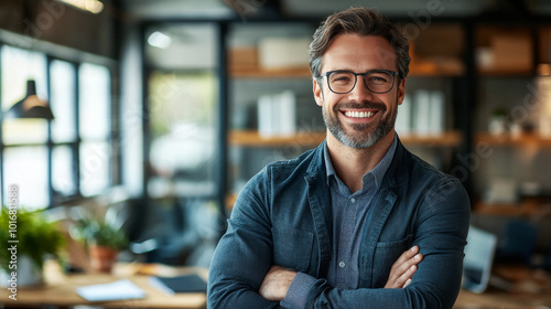 Businessman is smiling with his arms crossed in an office setting