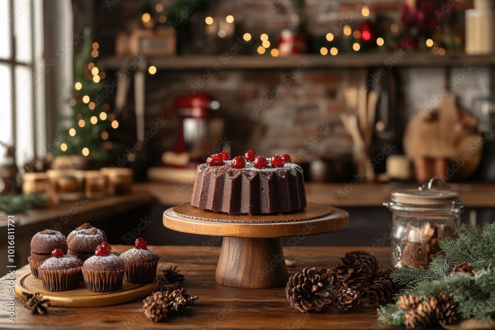 holiday baking scene, small bento cakes in a cozy kitchen with baking supplies and festive decorations holiday baking scene, small bento cakes in a cozy kitchen with baking supplies and festive decorations