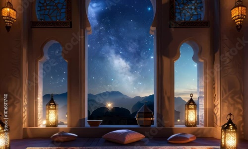 Serene Arabian night scene with traditional lanterns illuminating cozy seating area. The open windows reveal a starry sky and distant mountains, peaceful ambiance, relaxation and reflection