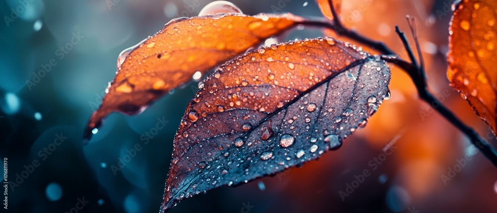 A tight shot of a leaf-studded branch with water droplets and a blurred backdrop A tight shot of a leaf-studded branch with water droplets and a blurred backdrop