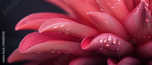 Close-up of a red flower with water droplets on petals against a black background